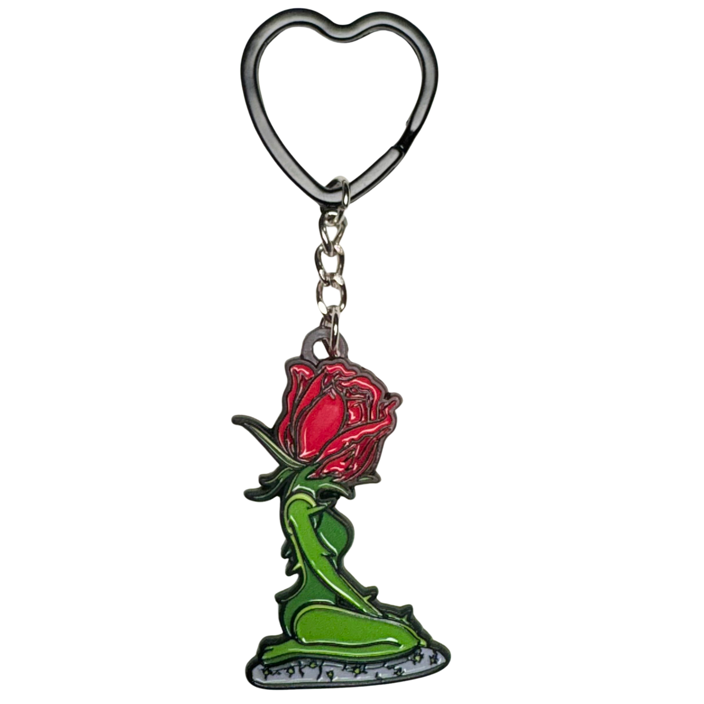 Concrete Rose enamel rose keychain by Preston Mitchell with heart-shaped split key ring on white background