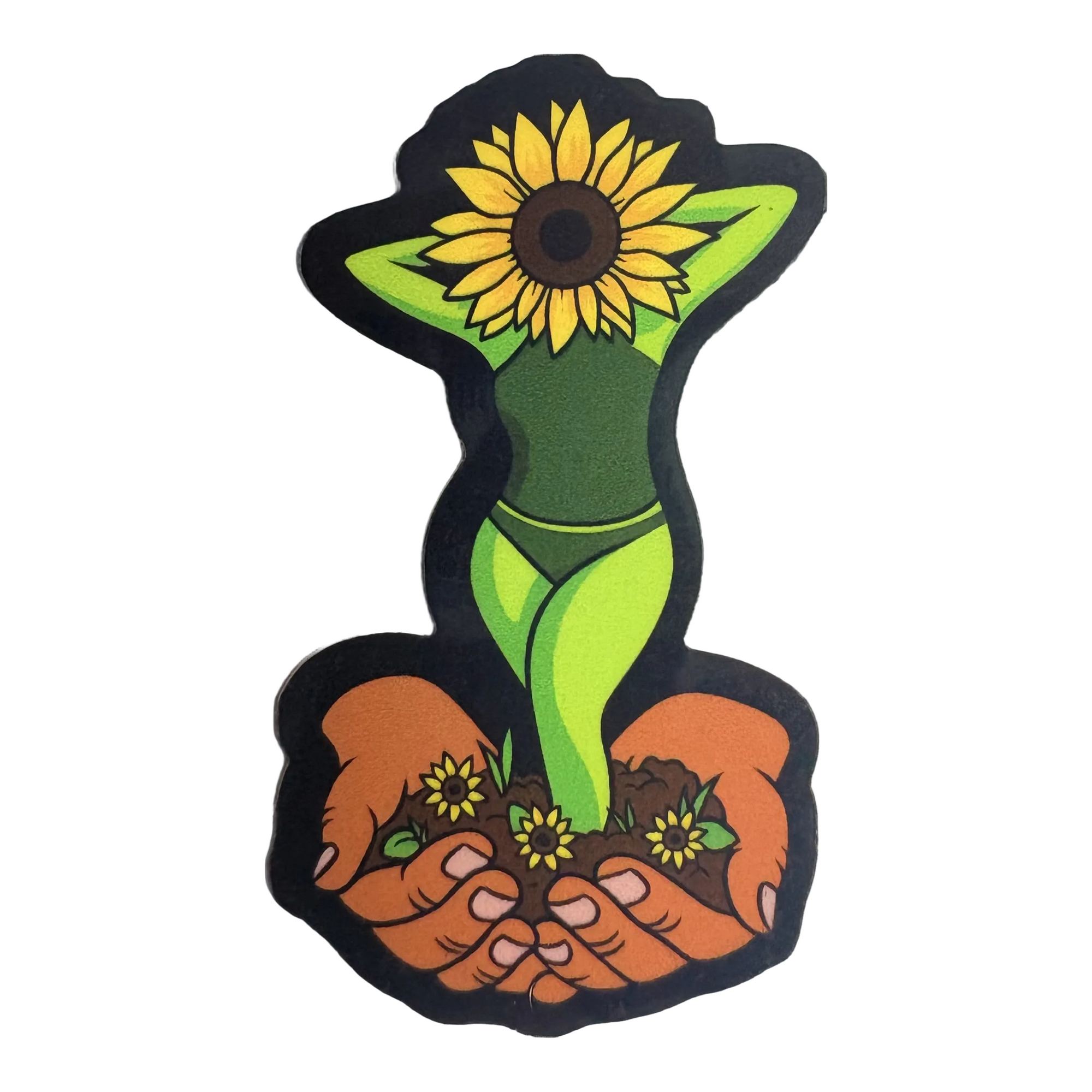Sticker with a stylized design of a person holding a sunflower, on a white background.