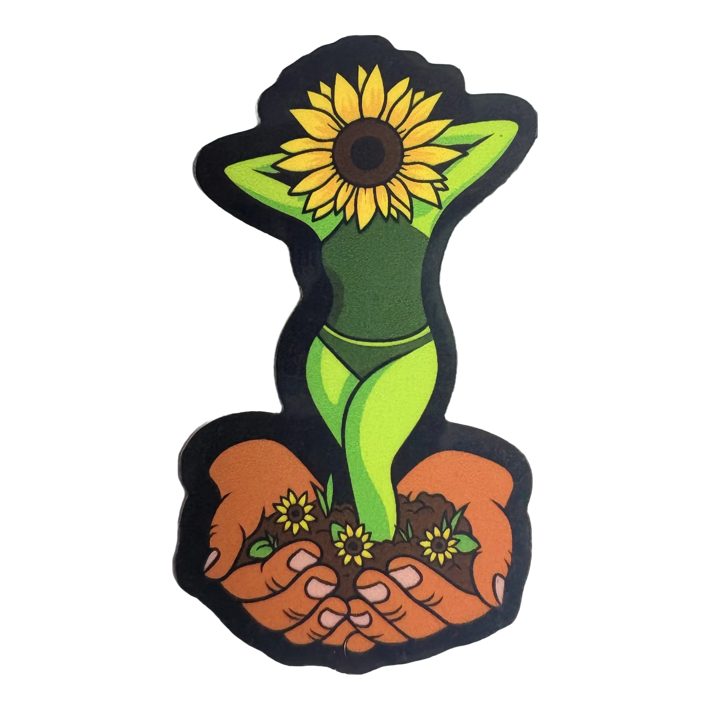 Sticker with a stylized design of a person holding a sunflower, on a white background.