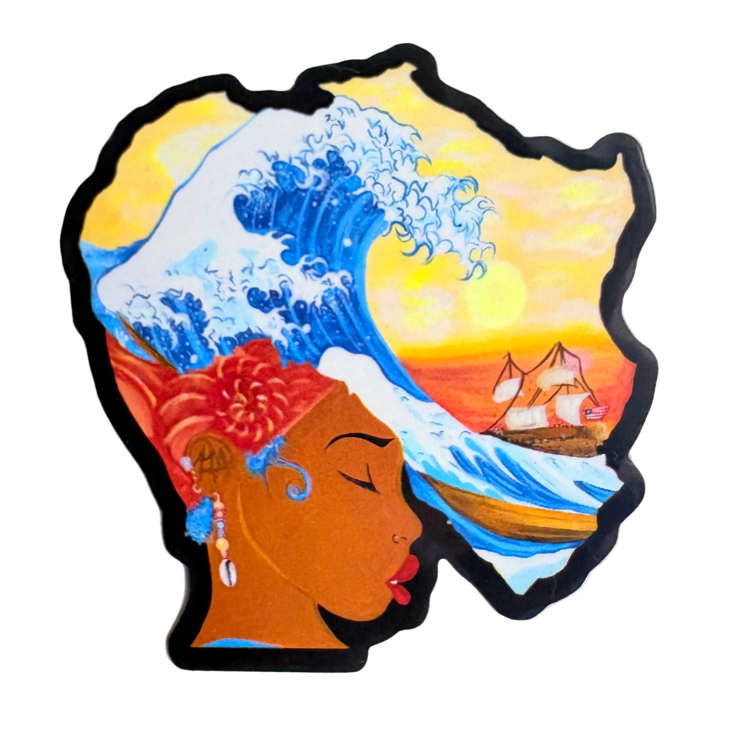 Oshun Motherland art sticker featuring a feminine profile blended with ocean waves and golden sky symbolizing divine femininity and ancestral flow
