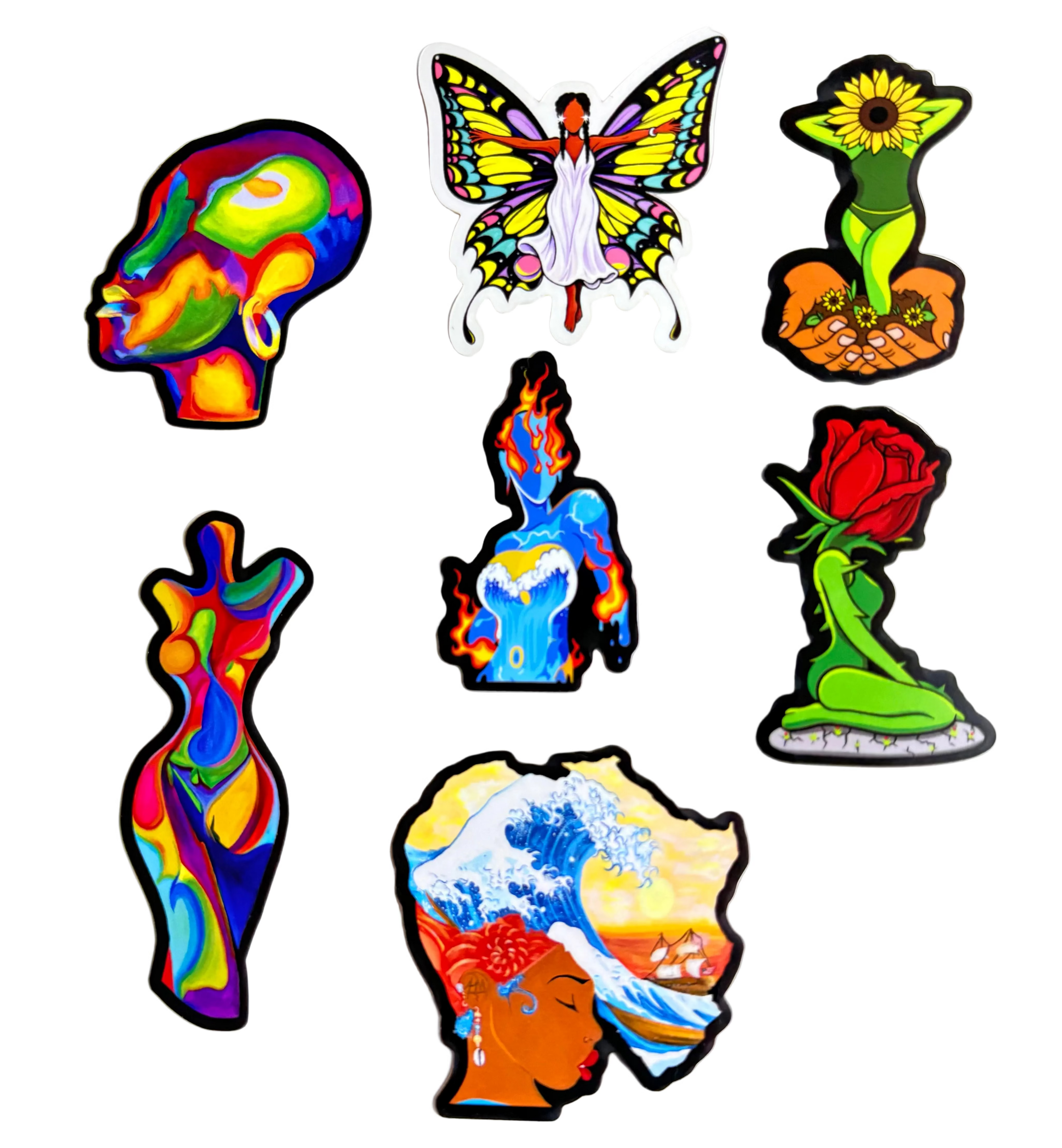 Preston Mitchell art sticker pack featuring colorful symbolic designs representing transformation, emotion, femininity, and growth