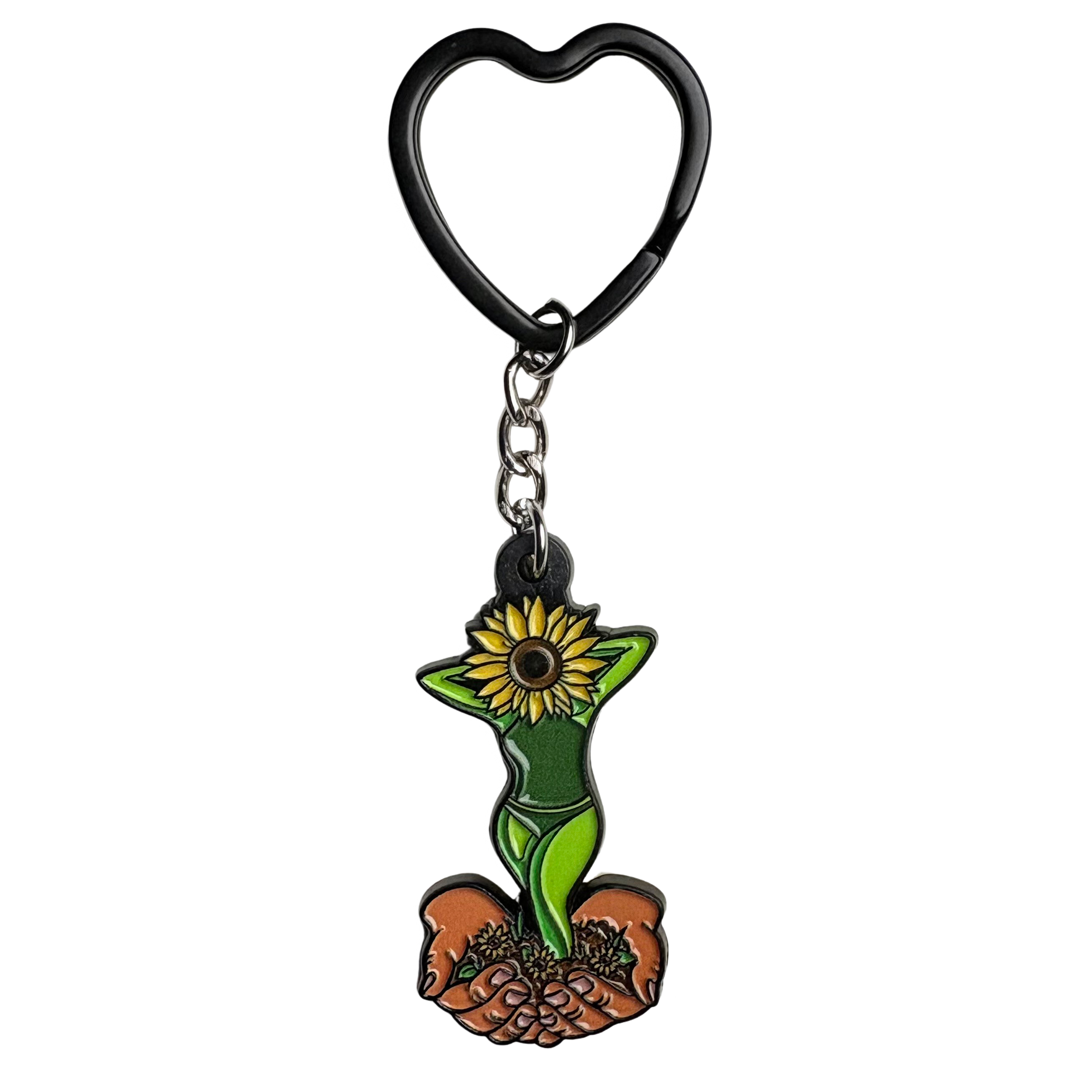 Sunflower goddess enamel keychain with heart-shaped split ring on white background